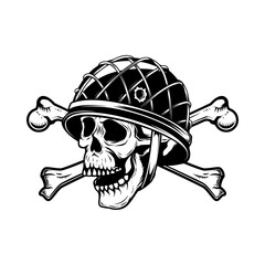 Illustration of soldier skull in military helmet with crossed bones. Design element for logo, label, sign, emblem. Vector illustration