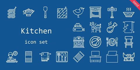 kitchen icon set. line icon style. kitchen related icons such as chicken, soup, scoop, beach towel, oven, chair, restaurant, cutlery, sauce, cupboard, subway, napkin, towel, furniture, stove