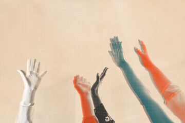 Arms raising colorful teamwork on beige grid remix wallpaper