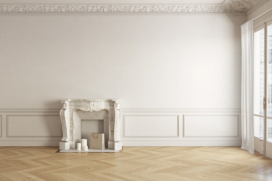 Classic white-beige blank wall empty interior with fireplace and moldings. 3d render illustration mockup.