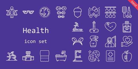 health icon set. line icon style. health related icons such as gym station, sponge, hazelnut, poison, death, stationary bike, dumbbell, ozone layer, heart, comb, glasses, apple, ears, bathtub