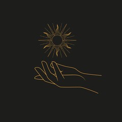 Golden shining sun in hand. Vector illustration on dark background