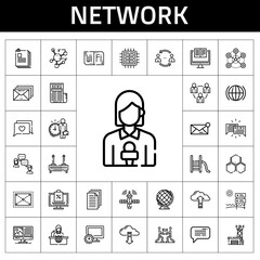 network icon set. line icon style. network related icons such as antenna, news, online shopping, wifi, earth globe, news reporter, cpu, news report, global, message, employee