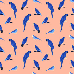 Vector seamless pattern with Blue Macaw,  Budgerigars, Amazon and tropical birds. Stylish parrots illustration on pink background