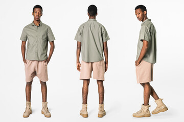African American man in gray shirt and shorts casual wear fashion - Powered by Adobe