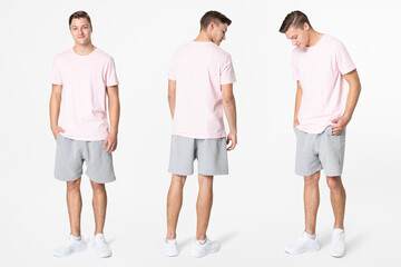 Pink t-shirt and shorts men's basic wear full body - Powered by Adobe