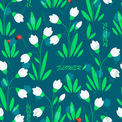 Seamless pattern with white snowdrop flowers and ladybug. Vector background