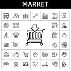 market icon set. line icon style. market related icons such as pepper, basket, piggy bank, ice cream cart, discount, bag, dollar, trolley, line chart, supermarket gift, price