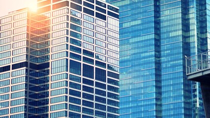 Modern building in the city with sunlight. Abstract texture and blue glass facade in modern office building., Retro stylized colorful tonal filter effect.