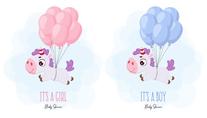 Baby Shower greeting card with cute magic unicorn flying on balloons. Funny magic unicorn cartoon character. It's a boy. It's a girl. Bright colored childish stock vector illustration.