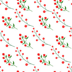 Vector seamless pattern with red berries and green leaves.