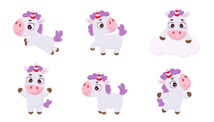 Set of cute magical unicorn with different poses. Funny magic unicorn cartoon character for print, cards, baby shower, invitation, wallpapers, decor. Bright colored childish stock vector illustration © Jexy