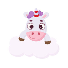 Obraz na płótnie Canvas Cute magical unicorn on cloud. Funny magic unicorn cartoon character for print, cards, baby shower, invitation, wallpapers, decor. Stock vector illustration.