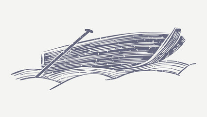 Fototapeta na wymiar Muted blue boat linocut in cute illustration