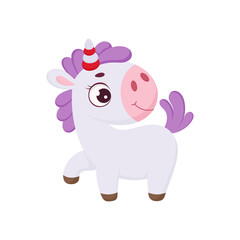 Cute magical unicorn. Funny magic unicorn cartoon character for print, cards, baby shower, invitation, wallpapers, decor. Bright colored childish stock vector illustration.
