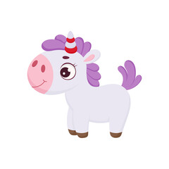 Funny magic unicorn. Cute magical unicorn cartoon character for print, cards, baby shower, invitation, wallpapers, decor. Bright colored childish stock vector illustration.