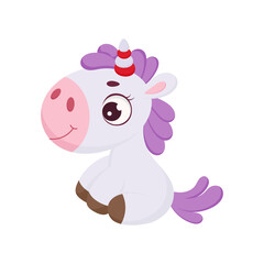 Cute magical sitting unicorn. Funny magic unicorn cartoon character for print, cards, baby shower, invitation, wallpapers, decor. Bright colored childish stock vector illustration.