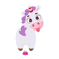 Cute magical unicorn with rainbow colored poop. Funny magic unicorn cartoon character for print, cards, baby shower, invitation, wallpapers, decor. Bright colored childish stock vector illustration.