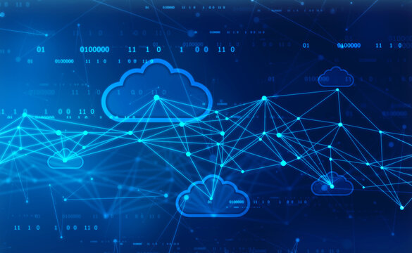 2d illustration of Cloud computing, Digital Cloud computing Concept background. Cyber technology, internet data storage, database and mobile server concept