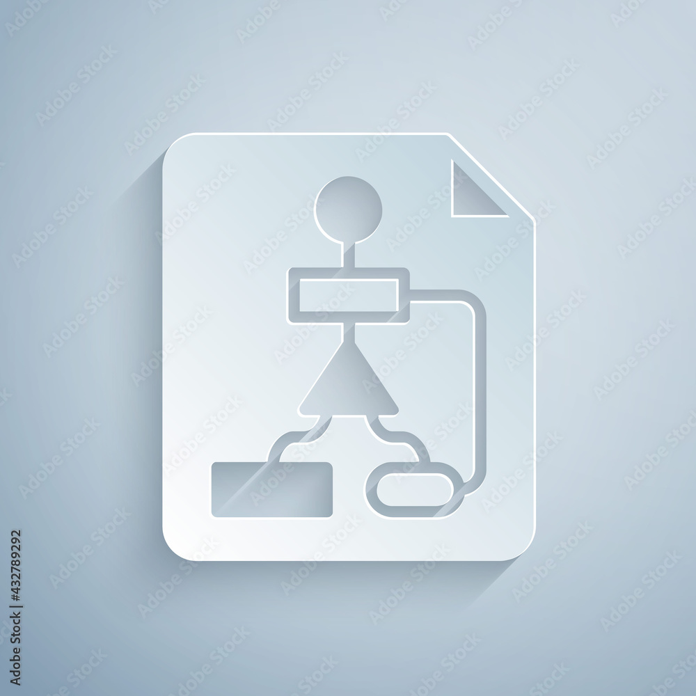 Poster paper cut tile flowchart for program design or process management plan icon isolated on grey backgro