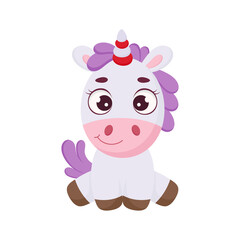 Funny magic sitting unicorn. Cute magical unicorn cartoon character for print, cards, baby shower, invitation, wallpapers, decor. Bright colored childish stock vector illustration.