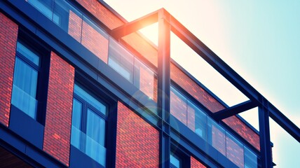 Architectural exterior detail of residential apartment building with brick facade. Modern brick and glass facade of the apartment building. Retro stylized colorful tonal filter effect.