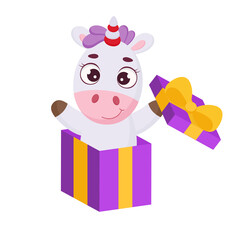 Cute magical unicorn jumping from gift box. Funny magic unicorn cartoon character for print, cards, baby shower, invitation, wallpapers, decor. Bright colored childish stock vector illustration.
