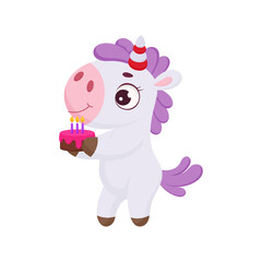 Cute magical unicorn standing with cake. Funny magic unicorn cartoon character for print, cards, baby shower, invitation, wallpapers, decor. Bright colored childish stock vector illustration.