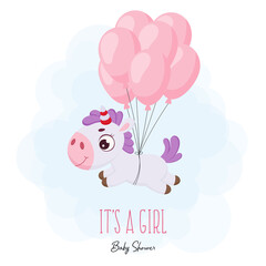 Baby Shower greeting card with cute magical unicorn flying on balloons. Funny magic unicorn cartoon character with phrase "It's a girl". Bright colored childish stock vector illustration.