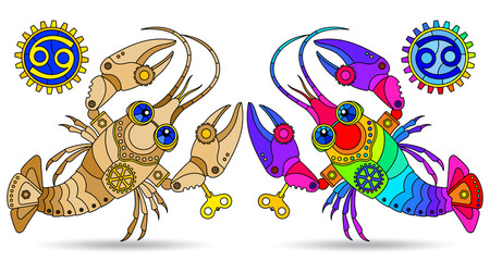 Illustration in the style of a stained glass window with a set of zodiac signs cancer, figures isolated on a white background