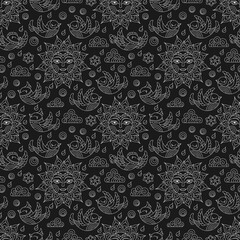 Seamless pattern with contour suns, clouds and birds, light outlines on a dark background