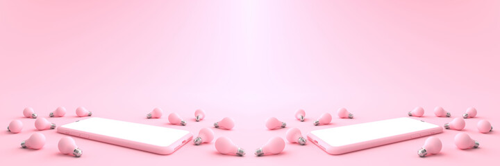 Obraz na płótnie Canvas 3D rendering of Smartphone white screen surrounded by Many pink light bulbs placed on a pastel pink floor. Concept of money and Business on mobile, Creative ideas on phone, isolated on pink background