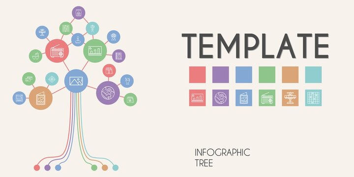 template vector infographic tree. line icon style. template related icons such as calendar, pet food, chef, stamp, picture, radio, bathtub, divider, sorbet, crowdfunding, browser