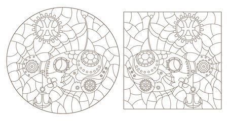 Set of contour illustrations in the style of stained glass with steam punk signs of the zodiac pisces , dark contours on a white background