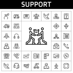 support icon set. line icon style. support related icons such as headphones, lifesaver, telephone, ambulance, robot, teamwork, phone, add user, 24 hours, crowdfunding, phone call