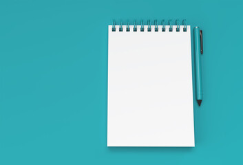 3D Render Pen and Notepad on the Pastel Blue Background.