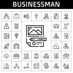 businessman icon set. line icon style. businessman related icons such as doorman, employee, salary, unlocked, negotiation, man, tasks, group, profits, job search, brainstorm
