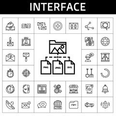interface icon set. line icon style. interface related icons such as mail, shovel, link, video, mailing, button, notification, bar, reload, projector, browser, phone call, share