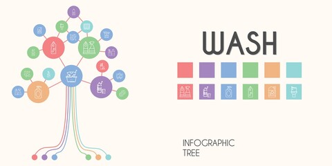 wash vector infographic tree. line icon style. wash related icons such as bucket, sponge, detergent, toilet, watercolor, spray, laundry, toothbrush, window cleaner, bubbles