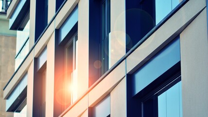 Obraz premium Apartment residential house and home facade architecture and outdoor facilities. Blue sky on the background. Sunlight. Retro filter.