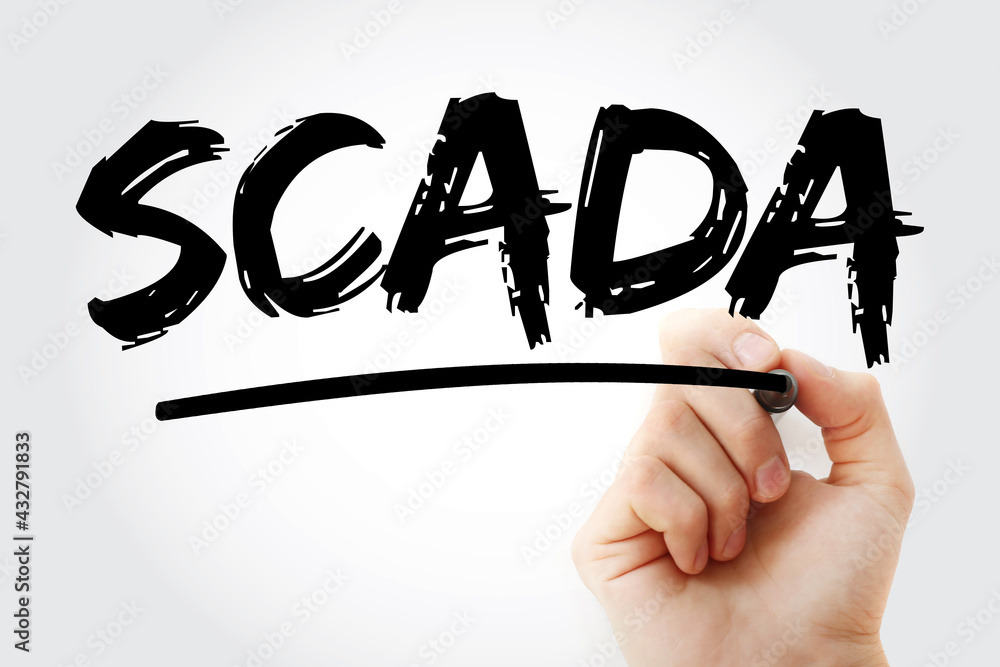 Poster scada - supervisory control and data acquisition acronym with marker, technology concept background.