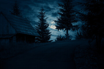 Full moon through the clouds over the old wooden rural house in spruce forest. Night Halloween background.