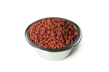 Pet bowl with feed isolated on white background