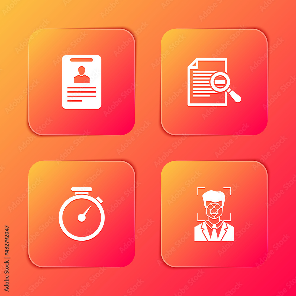 Poster set identification badge, document with search, stopwatch and face recognition icon. vector