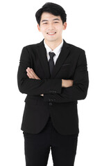 Asian business working handsome man wearing formal suit with necktie, crossing arms and smiling with confidence, showing professional leadership, standing on isolated white background cutout.