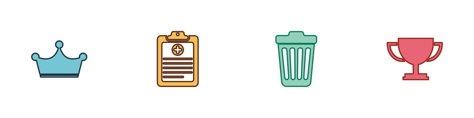 Set Crown, Clinical record, Trash can and Trophy cup icon. Vector