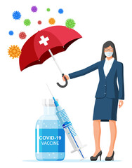 Vaccination against coronavirus. Time to vaccinate, concept. Medical syringe injection vaccination. Woman with umbrella protect against corona virus, cell models, Health care. Flat vector illustration