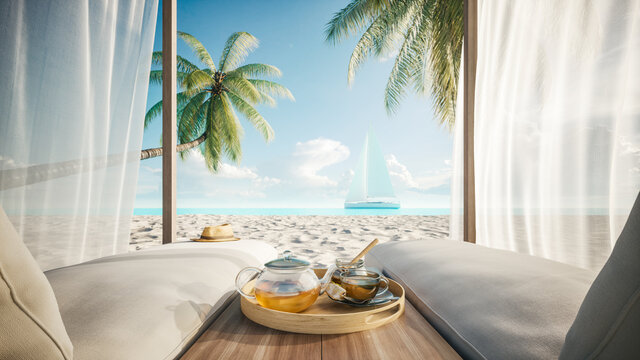 Comfortable lounge canopy on VIP beach seascape. Tropical beach scene with white canopy and curtain. View from beach canopy. 3d illustration