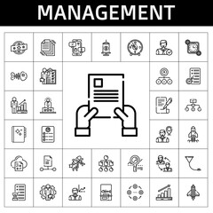 management icon set. line icon style. management related icons such as profits, file transfer, funnel, hierarchical structure, contract, clock, employee, user experience, agenda