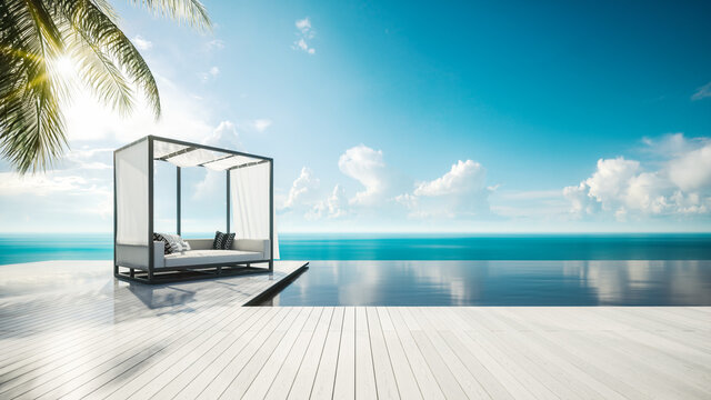 Deck bed and infinity pool. luxury relaxation by the pool. An infinity pool overlooking the ocean. 3d illustration